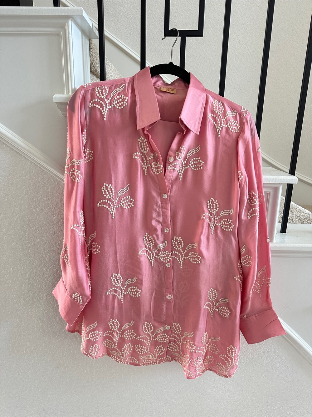 Pink Embellished Pearl-Accent Button-Up Shirt Indian Pakistani co-ord set